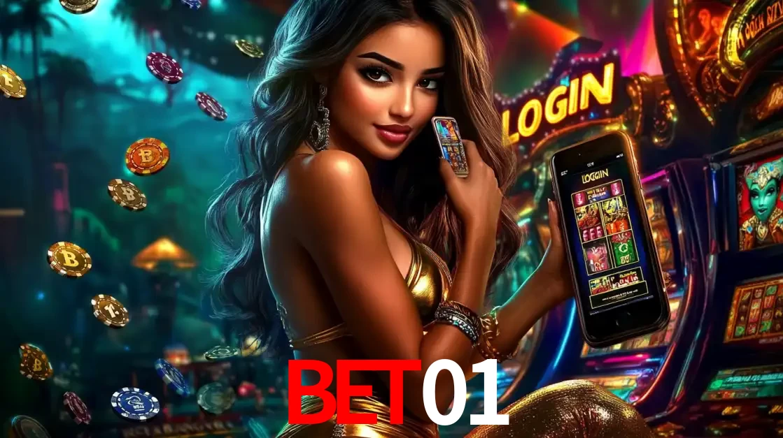 Mulher em um cenário de cassino temático de aventura, mostrando o app de caça-níqueis da bet01 no celular. Fichas de apostas flutuam ao redor.