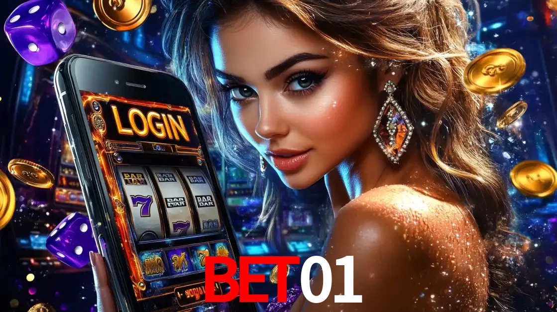 Mulher glamorosa segurando um smartphone com a tela de login para os jogos de caça-níqueis do cassino online bet01, com moedas de ouro e dados ao redor.
