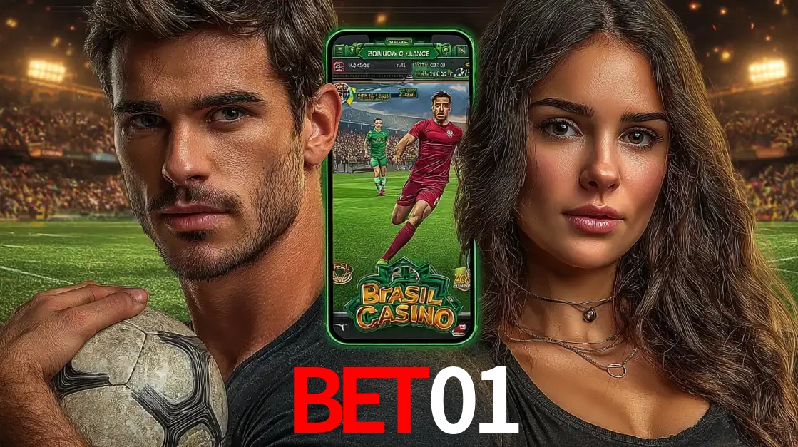 Homem segurando uma bola de futebol e uma mulher ao lado de um smartphone exibindo o jogo de apostas esportivas da bet01. Faça seu palpite no cassino online.